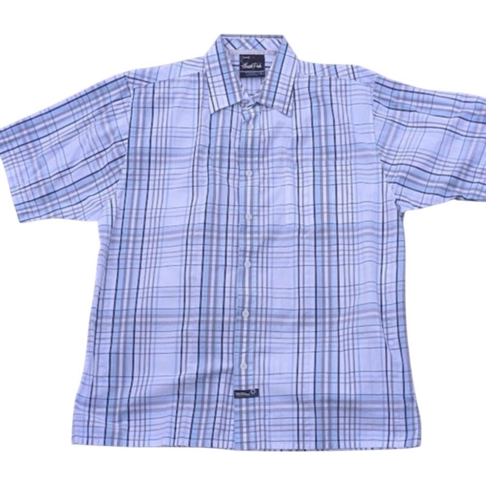 SouthPole 90s Mens Short Sleeve Button Up Preppy Cotton Plaid Blue White LG
